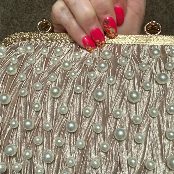 Elegant Pearl-Embellished Pink Clutch/Cold Chain Strap; NWOT - Picture 9 of 9